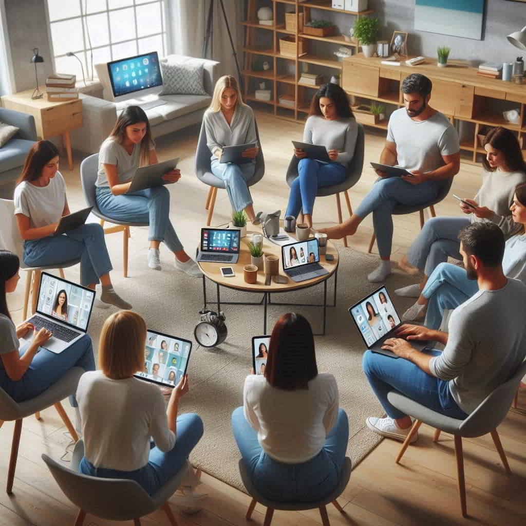 Diverse group participating in virtual mental health therapy session using various digital devices