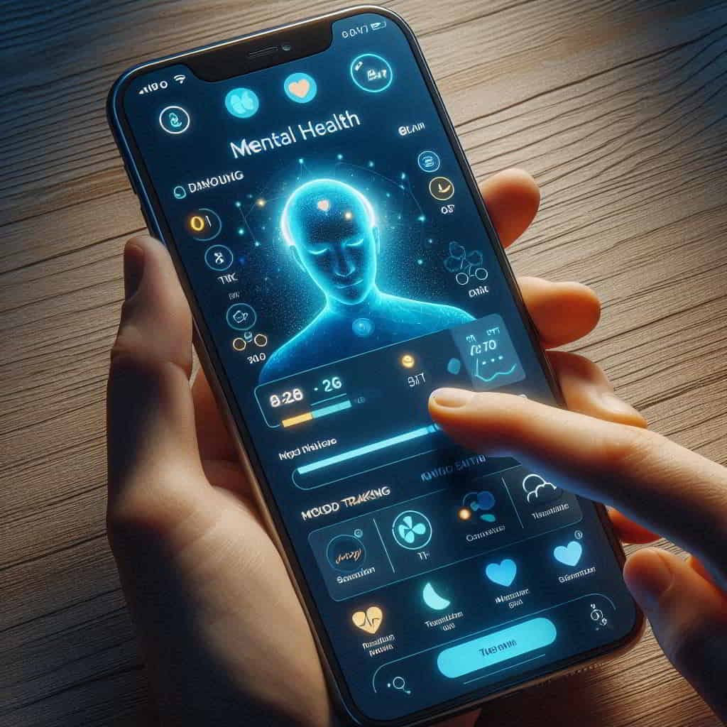 Smartphone displaying mental health app features, including mood tracking and therapist chat