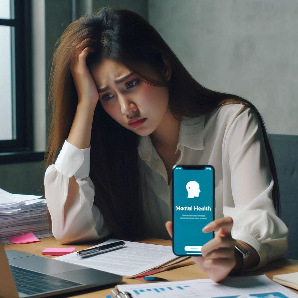 Young professional woman experiencing workplace stress, considering digital mental health support options