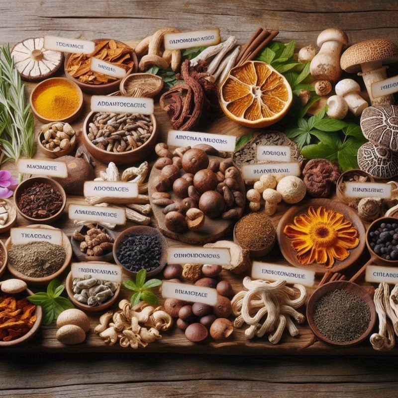 Assortment of adaptogenic herbs and mushrooms