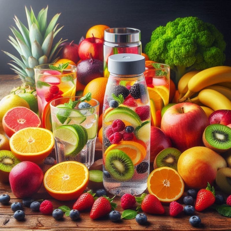 Colorful infused waters and hydrating foods