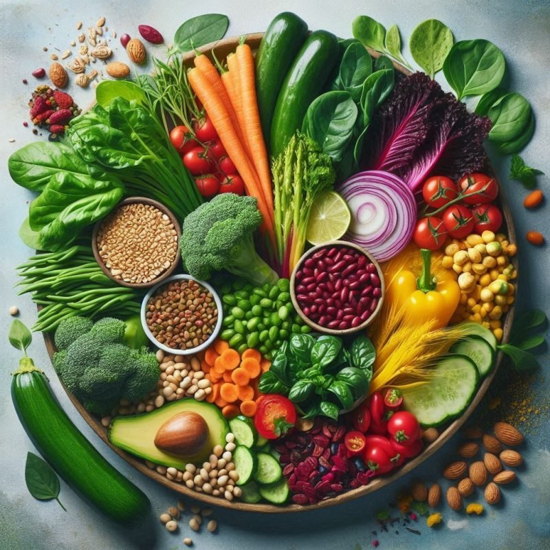Colorful plate of diverse plant-based foods.