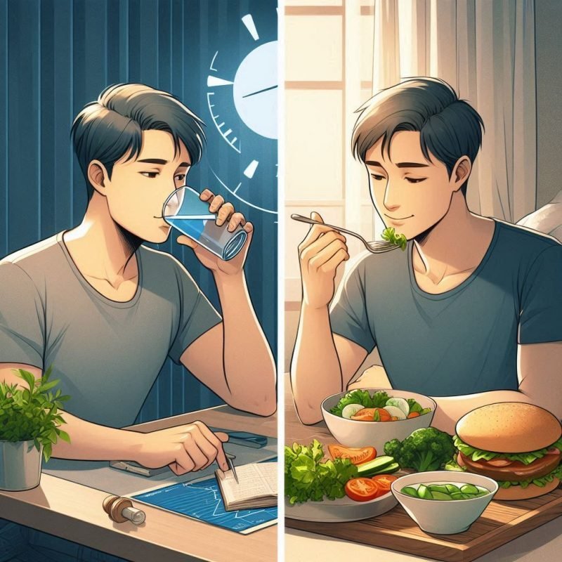 Split-screen of intermittent fasting: daytime fasting and evening meal
