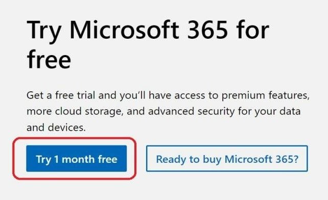 Advertisement offering a one-month free trial of Microsoft 365 with premium features and enhanced security for users’ data and devices.