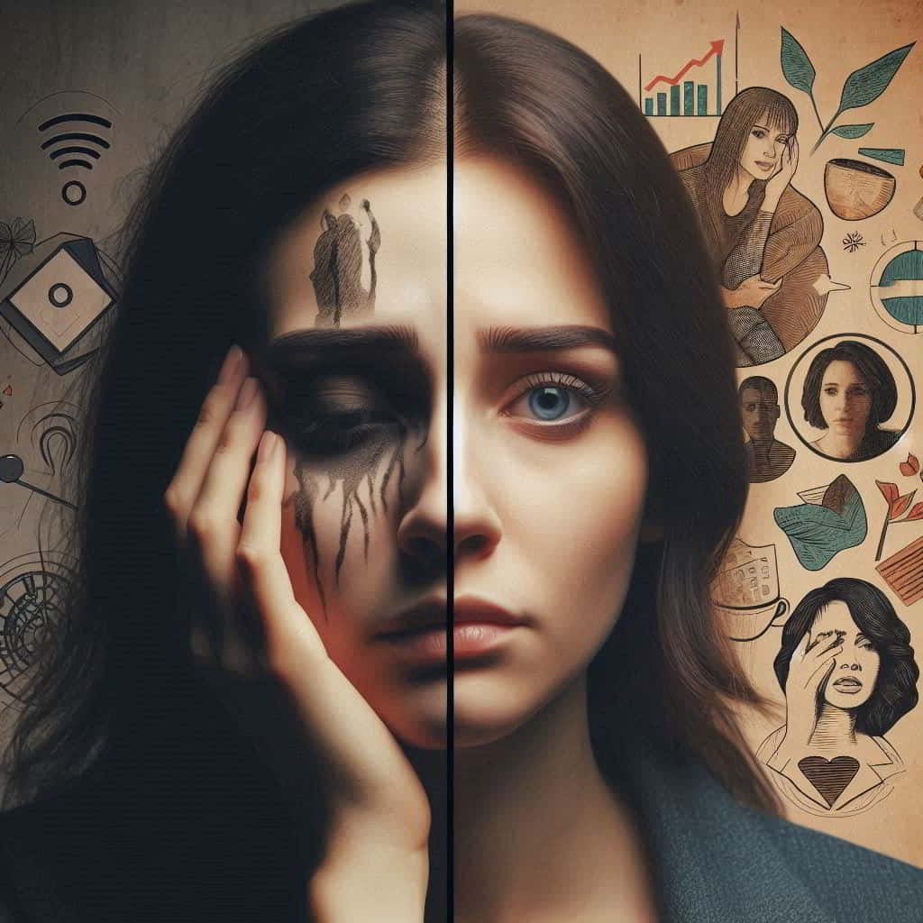 Before and after image showing woman's transformation through self-patience, from stressed to confident and then successful.
