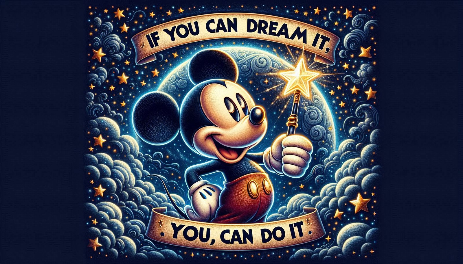 Inspirational quote "If you can dream it, you can do it" Micky Mouse displayed against a starry night sky background.