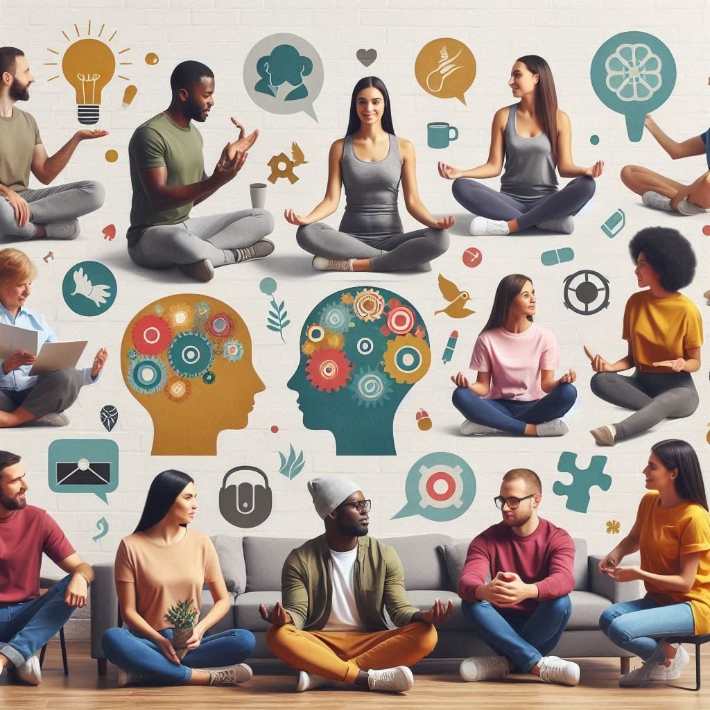 A diverse group of people participating in activities like exercising, meditating, and having supportive conversations to promote mental well-being.