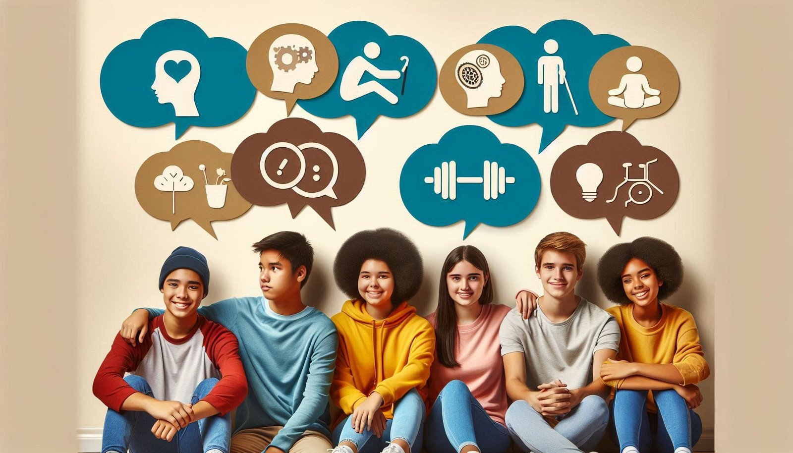 Diverse group of teenagers supporting each other, surrounded by symbols representing mental health strategies.