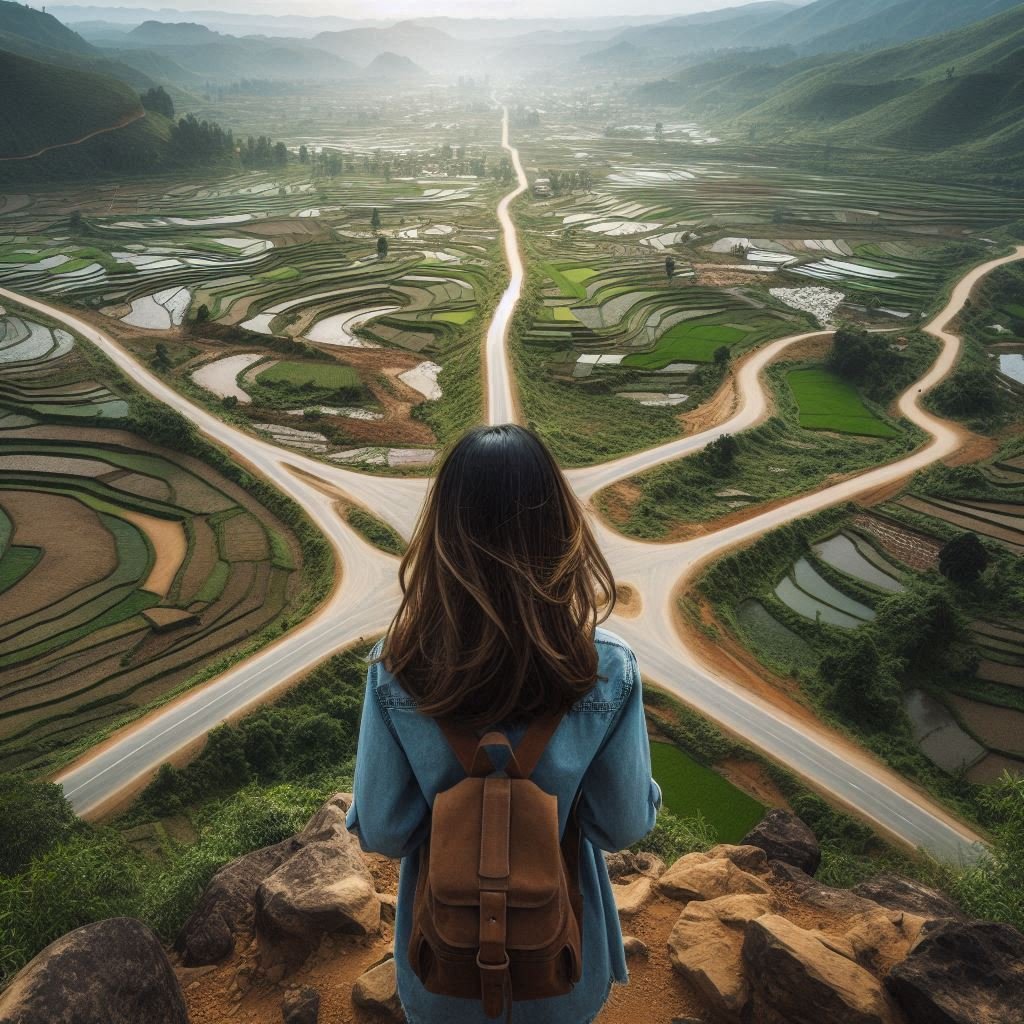A person standing at a crossroads, looking out at a vast landscape with multiple paths to choose from.