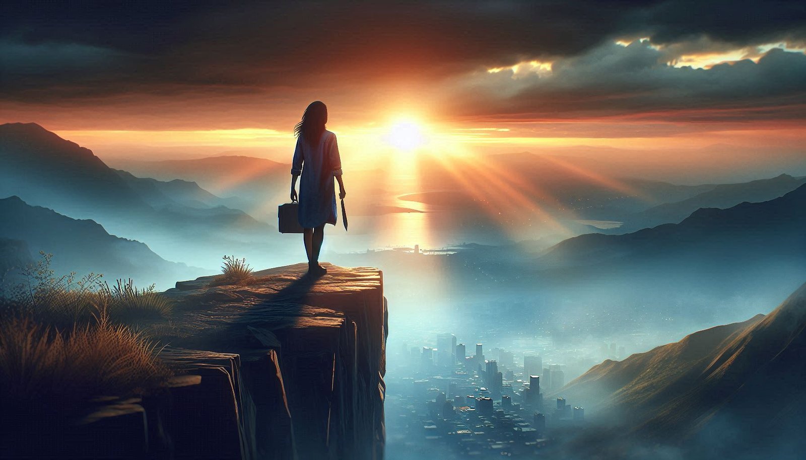 A person standing at the edge of a cliff, looking out at a sunrise, symbolizing hope and new beginnings after overcoming emotional pain from divorce.