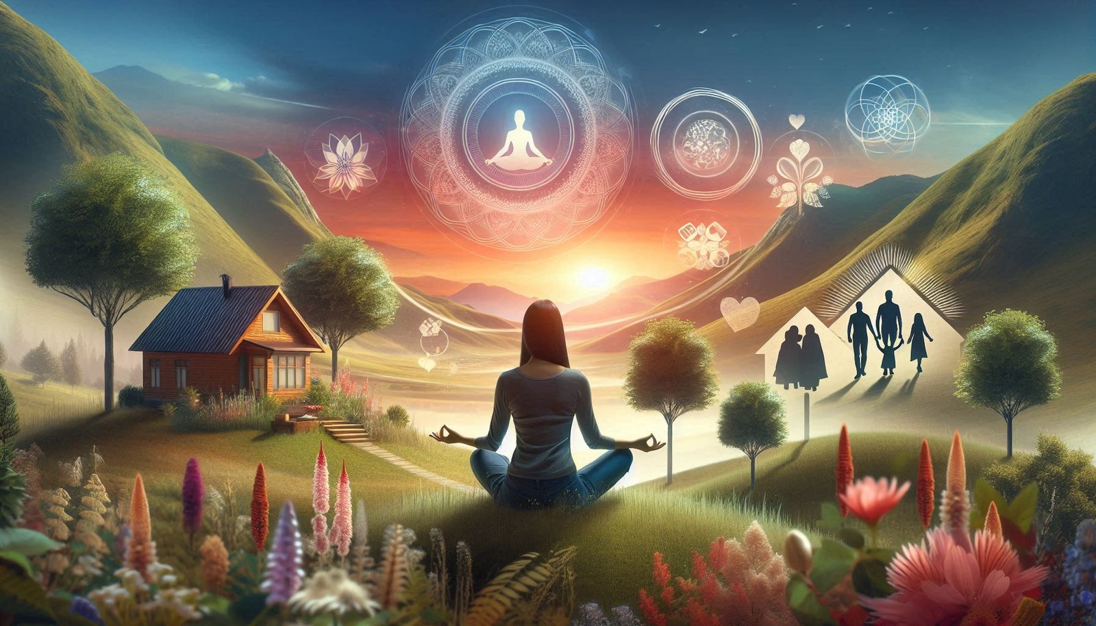 Person meditating in a serene landscape, surrounded by symbols of gratitude like family, home, and nature.