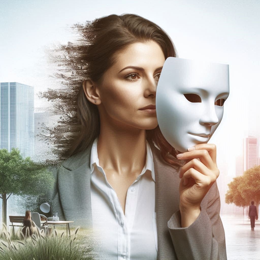 Professional woman removing a mask, symbolizing the transition from hiding anxiety to embracing authenticity in a corporate setting.