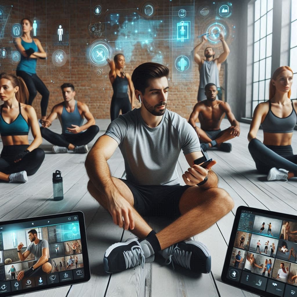 People participating in hybrid workouts with virtual classes and wearable tech.