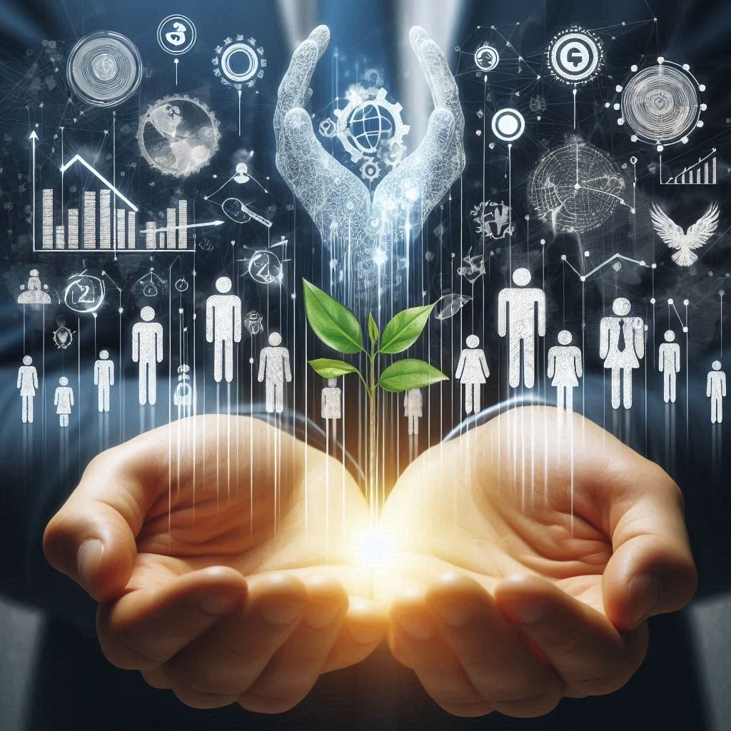 An illustration of open hands symbolizing generosity, with a helping hand lifting others in a business setting.