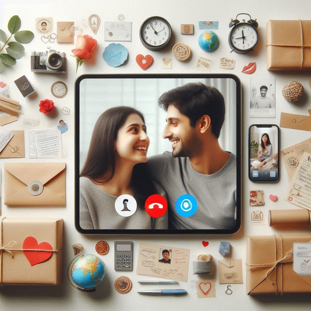 Couple video calling each other, symbolizing long-distance relationship communication.