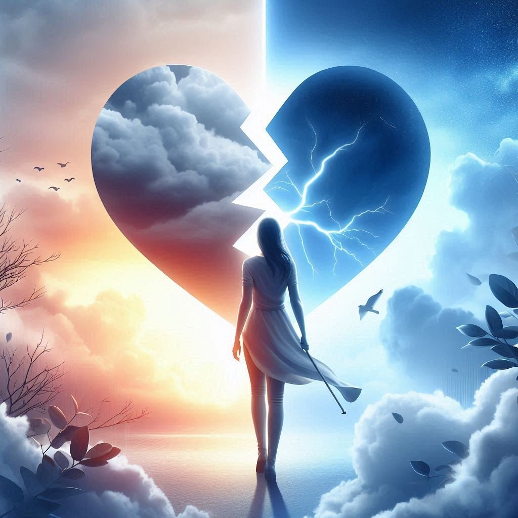 Person rebuilding a broken heart, transitioning from stormy to clear skies.