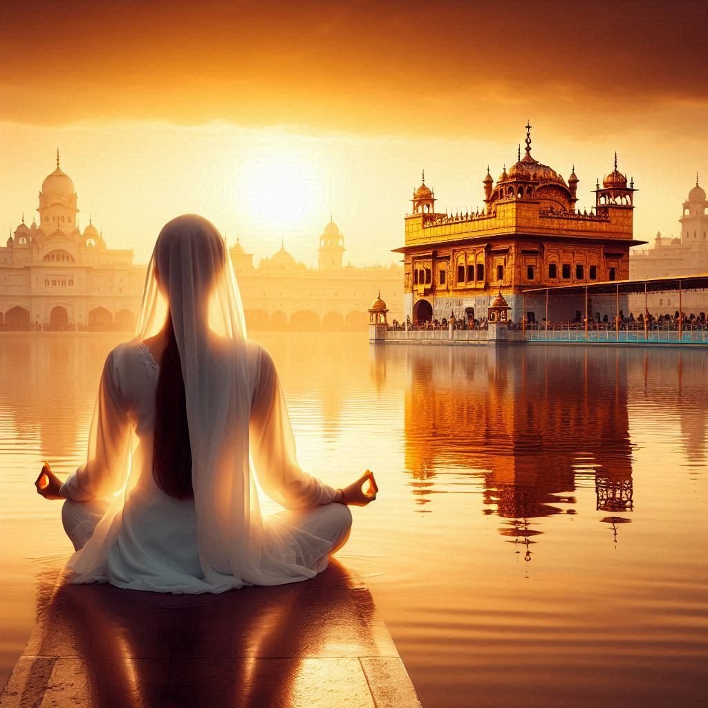 Sikh individual meditating in nature, practicing naam simran for mental peace.