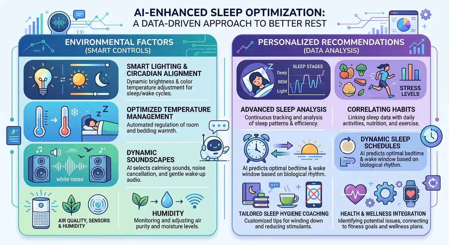 An infographic titled "AI-ENHANCED SLEEP OPTIMIZATION: A DATA-DRIVEN APPROACH TO BETTER REST". It is divided into two sections: Environmental Factors (Smart Controls) with details on lighting, temperature, soundscapes, and air quality; and Personalized Recommendations (Data Analysis) with details on sleep stages, habit correlation, dynamic schedules, hygiene coaching, and health integration.