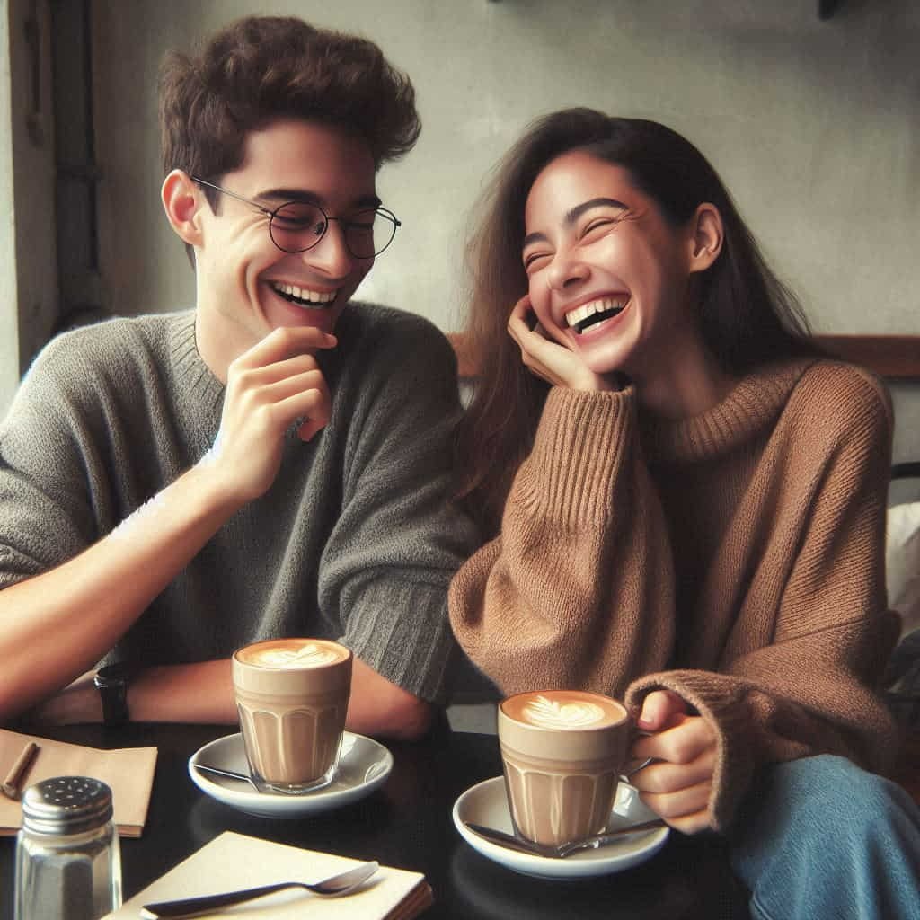 Two friends laughing at a café, highlighting friendship beyond money.