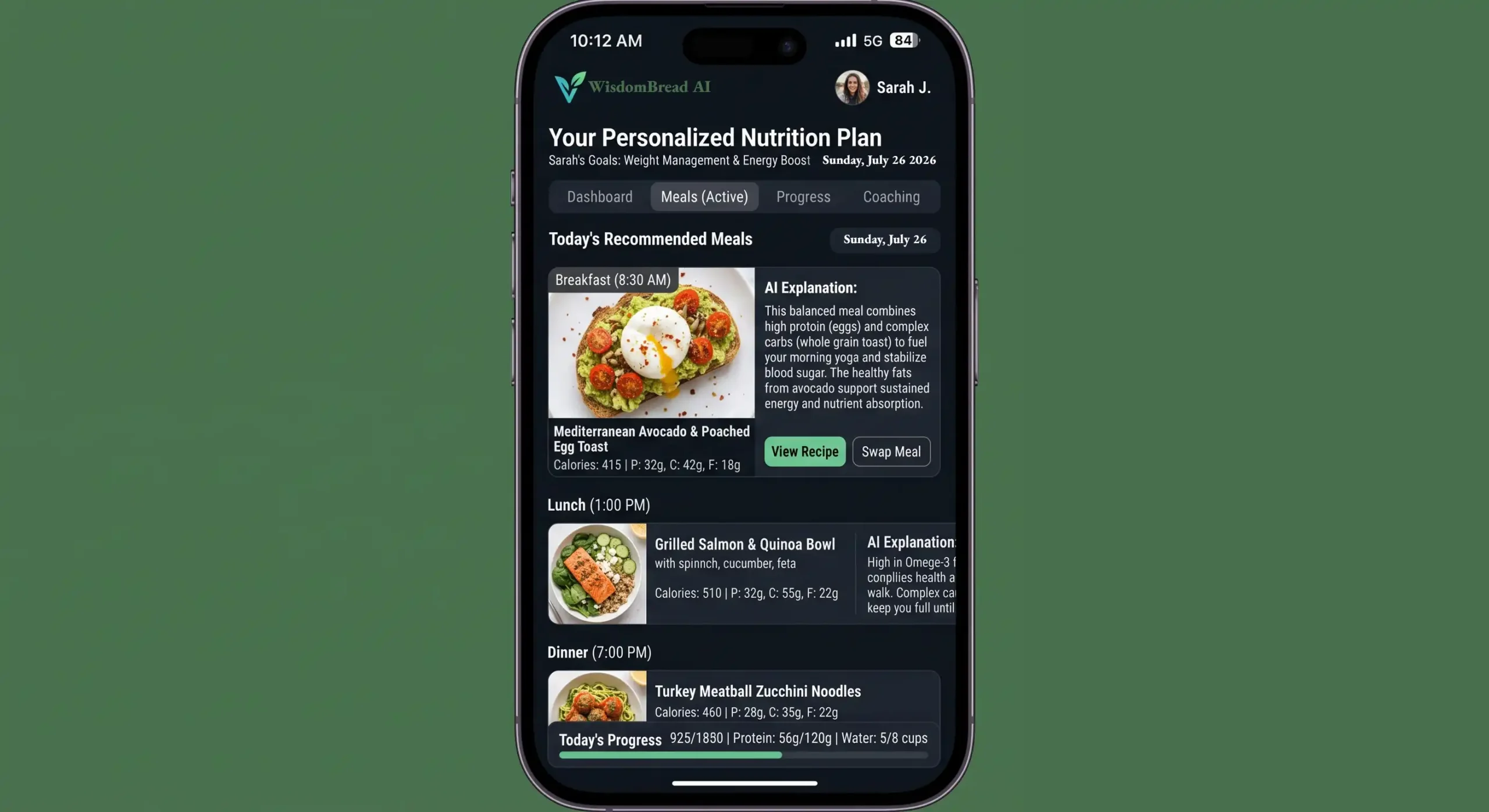 One dark-mode smartphone screen displaying the WisdomBread AI app personalized nutrition plan for user Sarah J. on July 26, 2026, showing recommended daily meals like Mediterranean Avocado & Poached Egg Toast, Grilled Salmon & Quinoa Bowl, and Turkey Meatball Zucchini Noodles.
