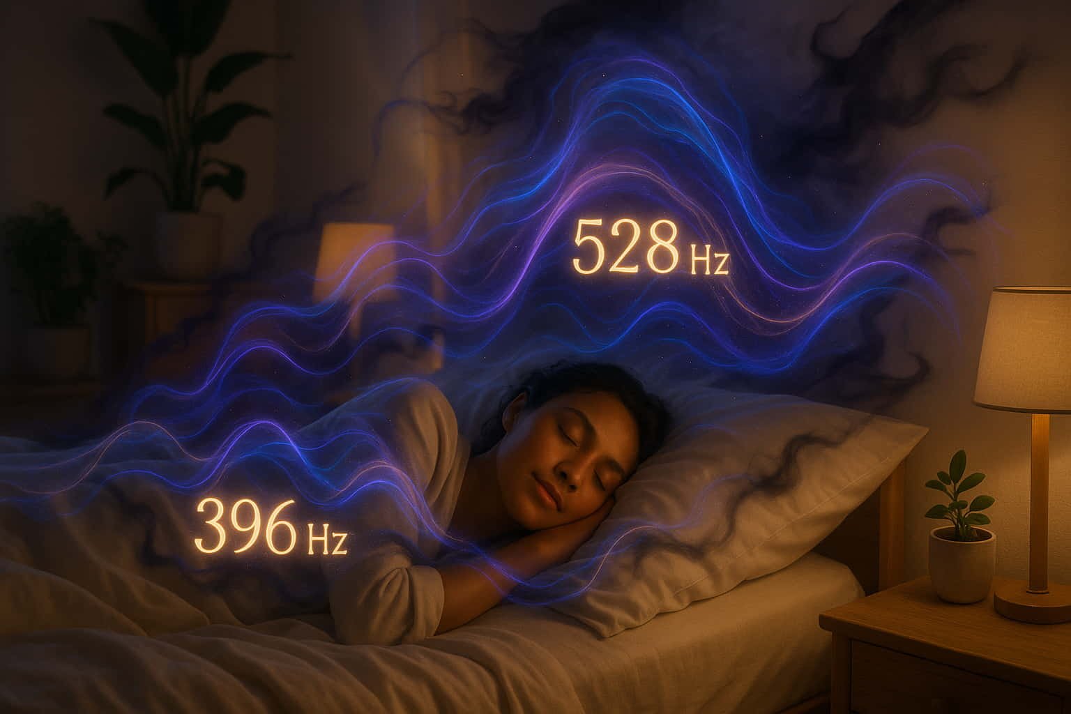 Person sleeping peacefully with healing Solfeggio frequency sound waves, 528Hz 396Hz anxiety relief deep sleep music therapy