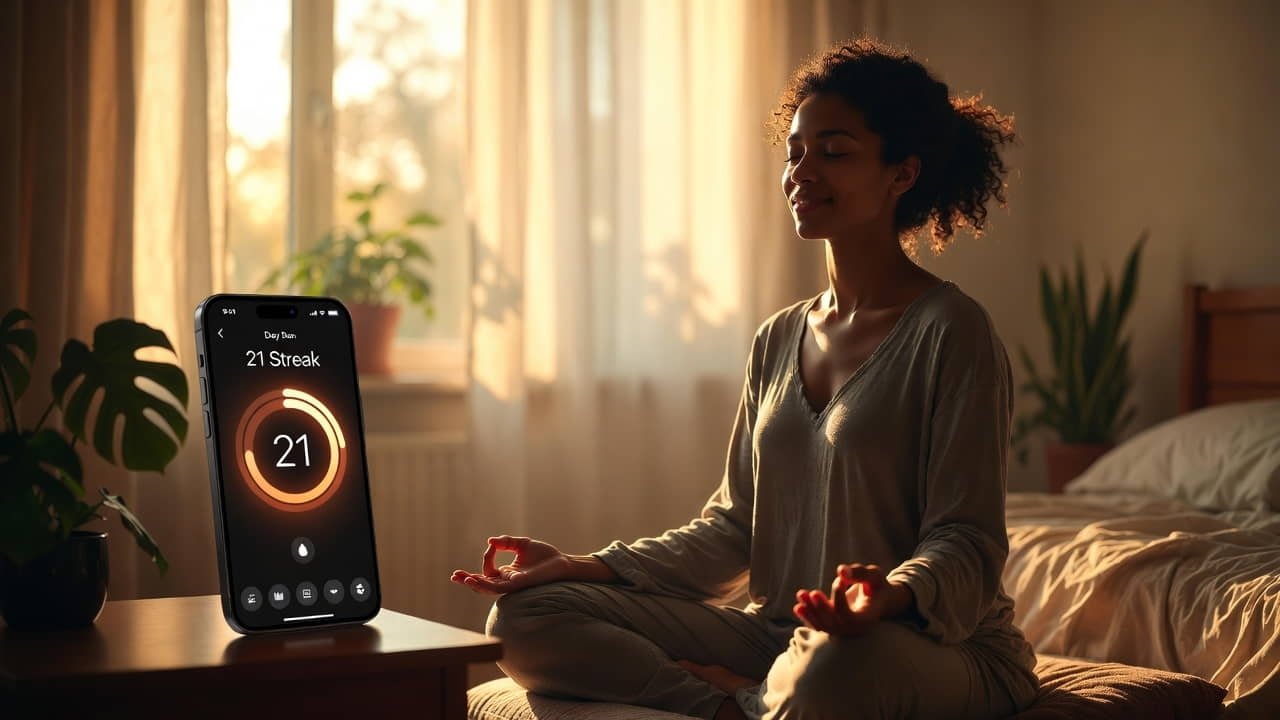 Person meditating peacefully with AI mental health app showing 21-day streak on smartphone in sunlit bedroom 2025