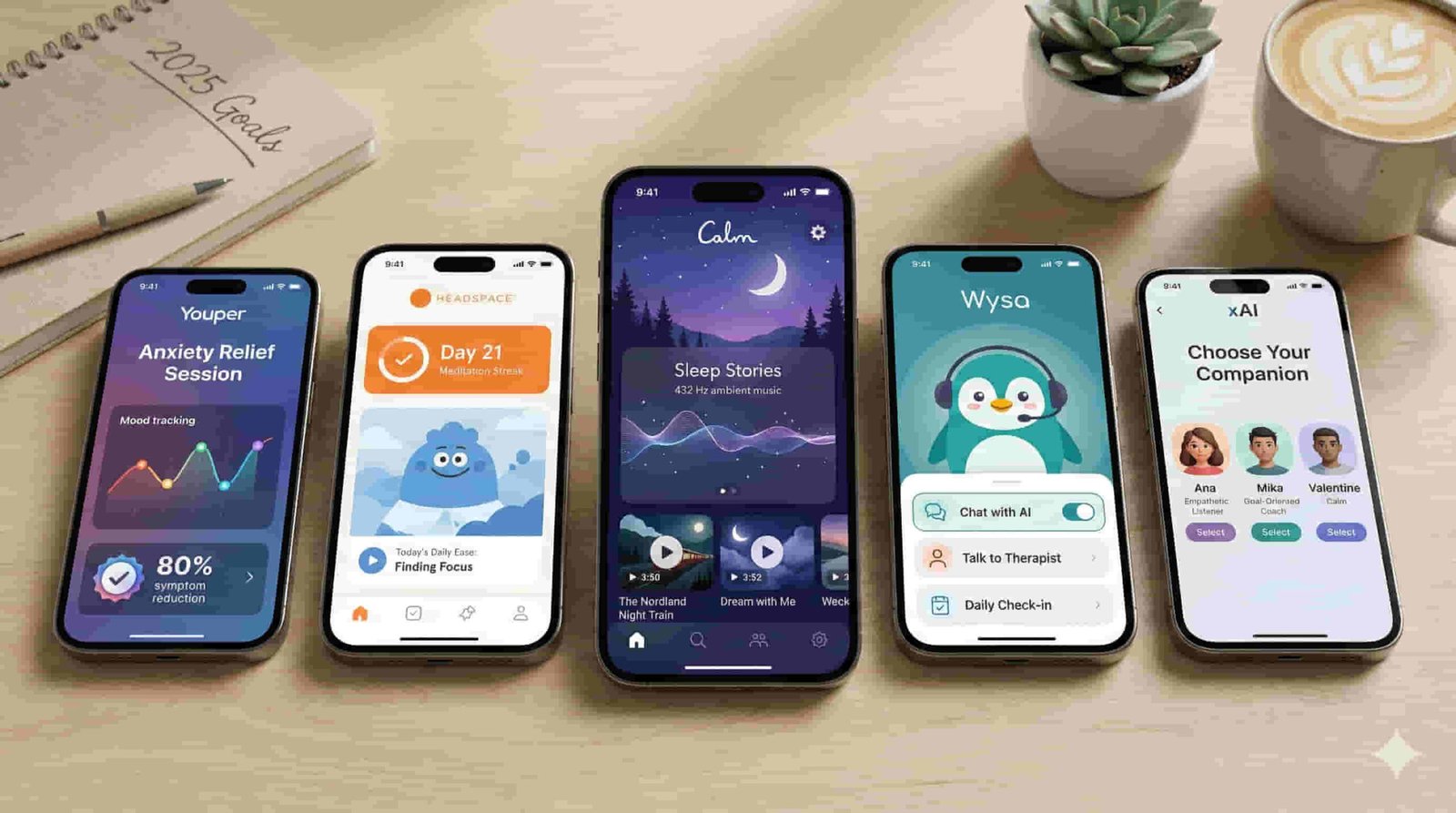 Five top AI mental health apps compared: Youper, Headspace, Calm, Wysa, and xAI companions on smartphones for 2025 resolutions
