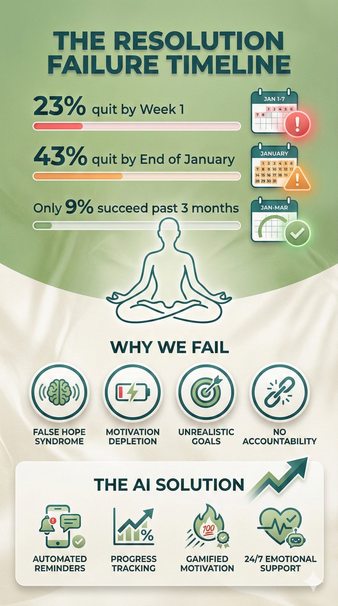 Infographic showing 43% quit mental health resolutions by January with AI app solutions for accountability and habit tracking