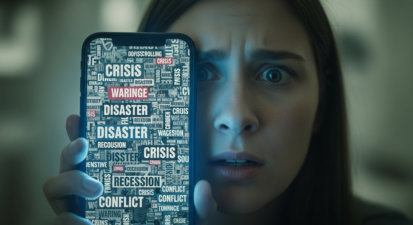 Person experiencing anxiety while doomscrolling on their phone.