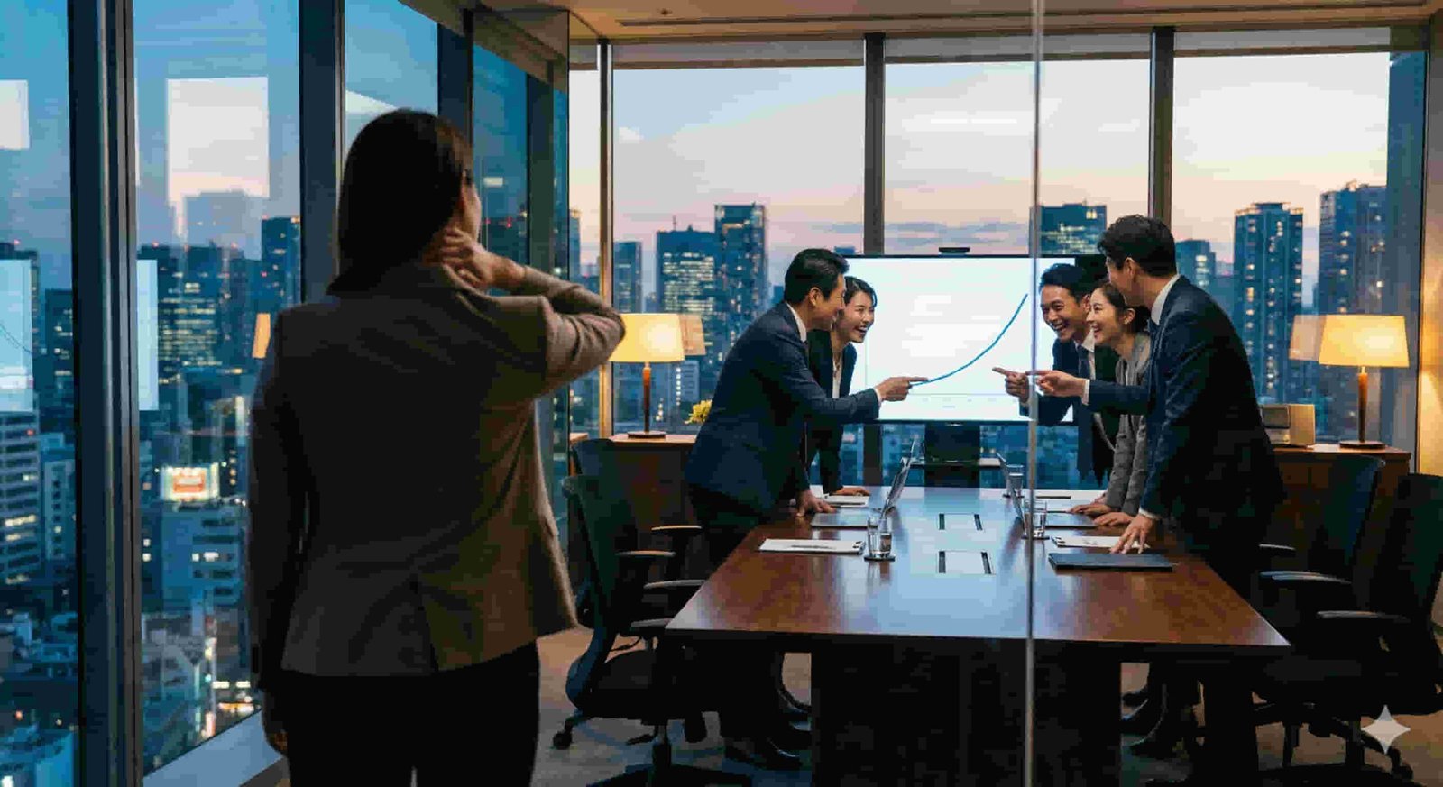 A stressed professional isolated in a boardroom while executives ignore her, depicting management misalignment and workplace moral injury toll.